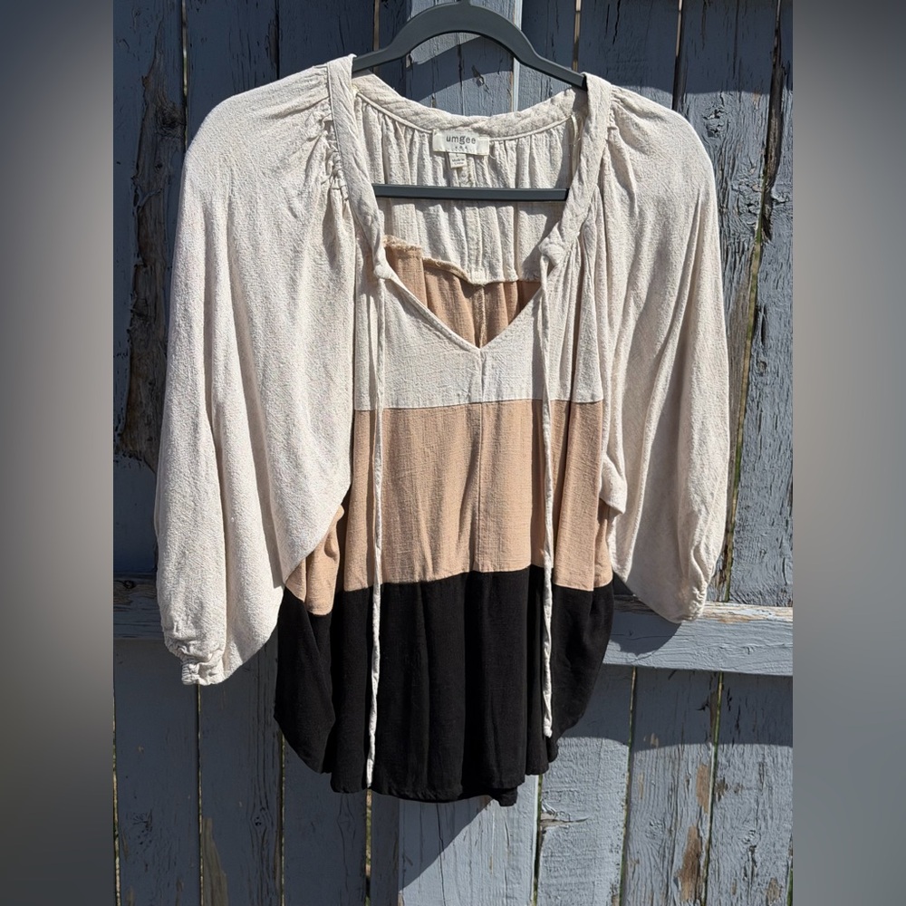 Umgee Women’s Casual Neutral Linen 3/4 Sleeved Shirt Size L